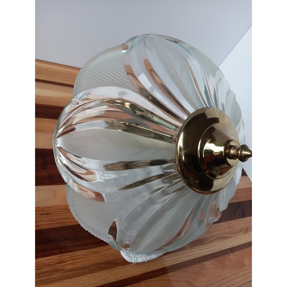 VTG MCM Frosted Glass Ceiling Mount Light Floral Leaves Petal 3 Bulb Gold